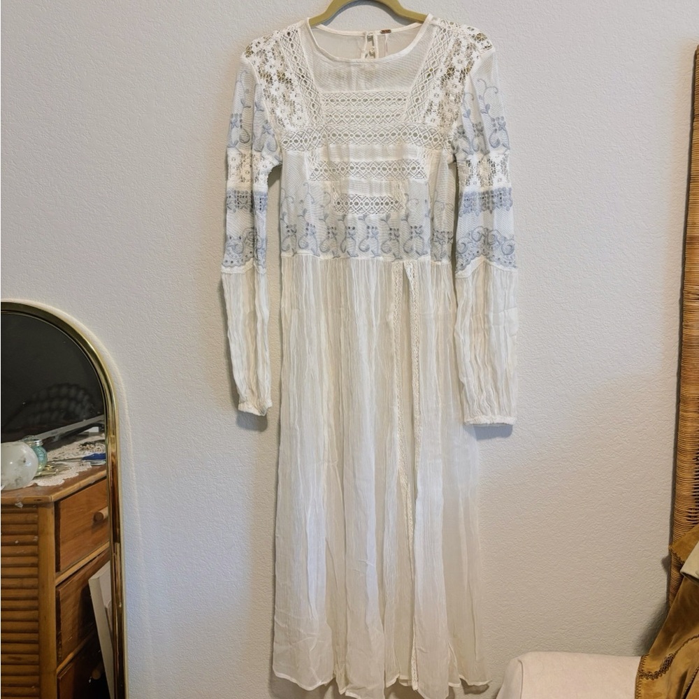Free People White and Blue Lace Long Sleeve Dress